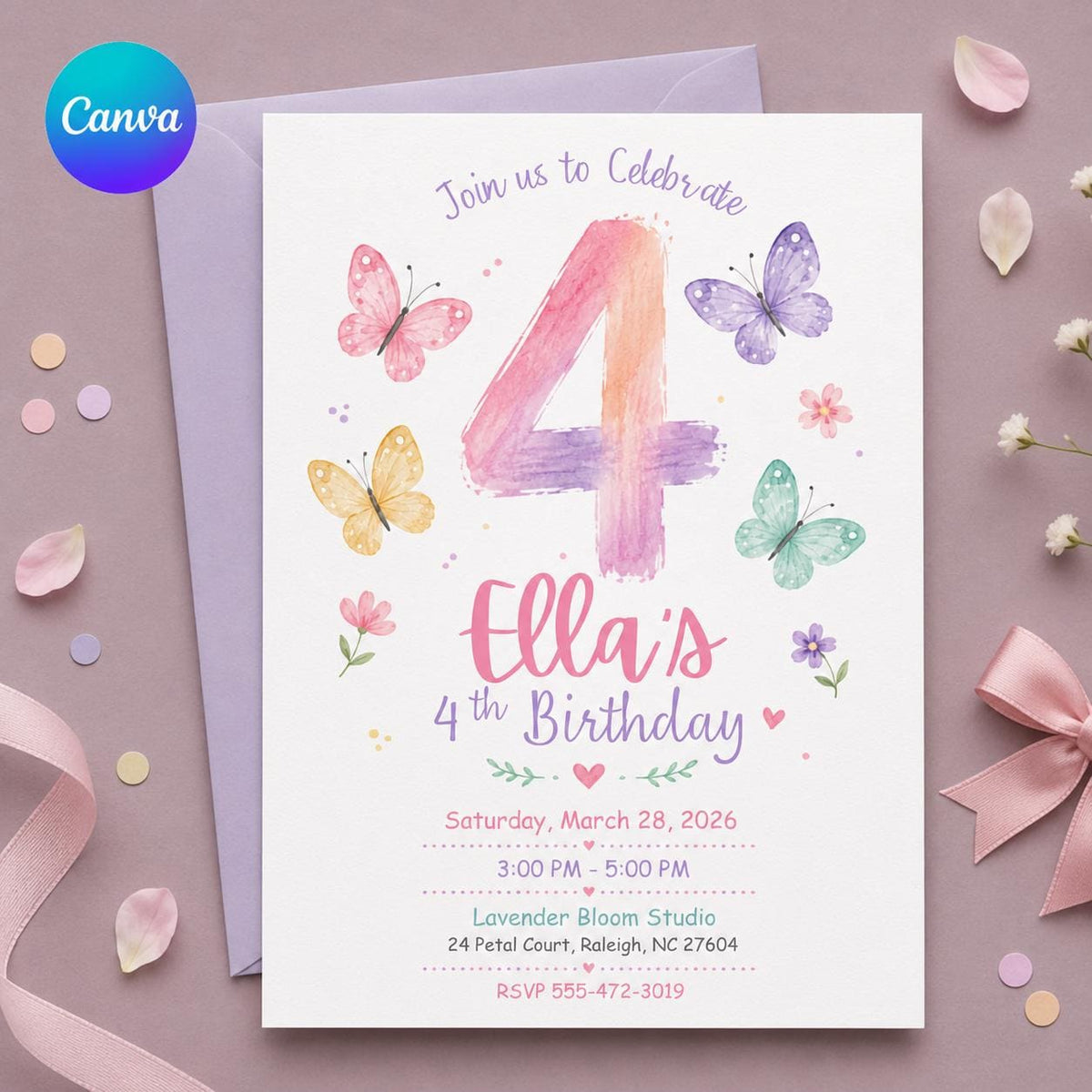 Watercolor Number Four Butterfly Birthday Invitation — editable Canva template