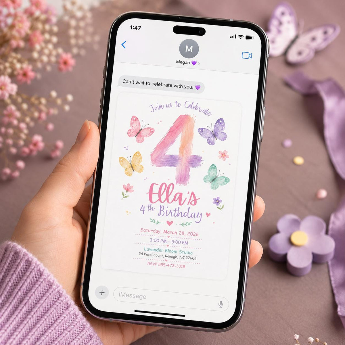 Watercolor Number Four Butterfly Birthday Invitation — pastel 4th birthday party design