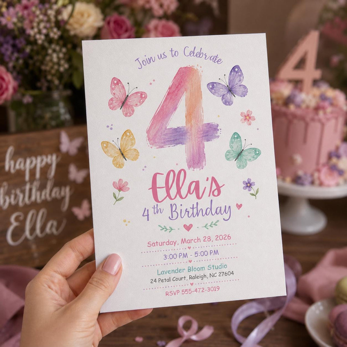 Watercolor Number Four Butterfly Birthday Invitation — print-ready 4th birthday party design from VoltBy