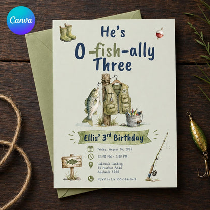 Watercolor O-Fish-Ally Three Fishing Birthday Invitation — editable Canva template