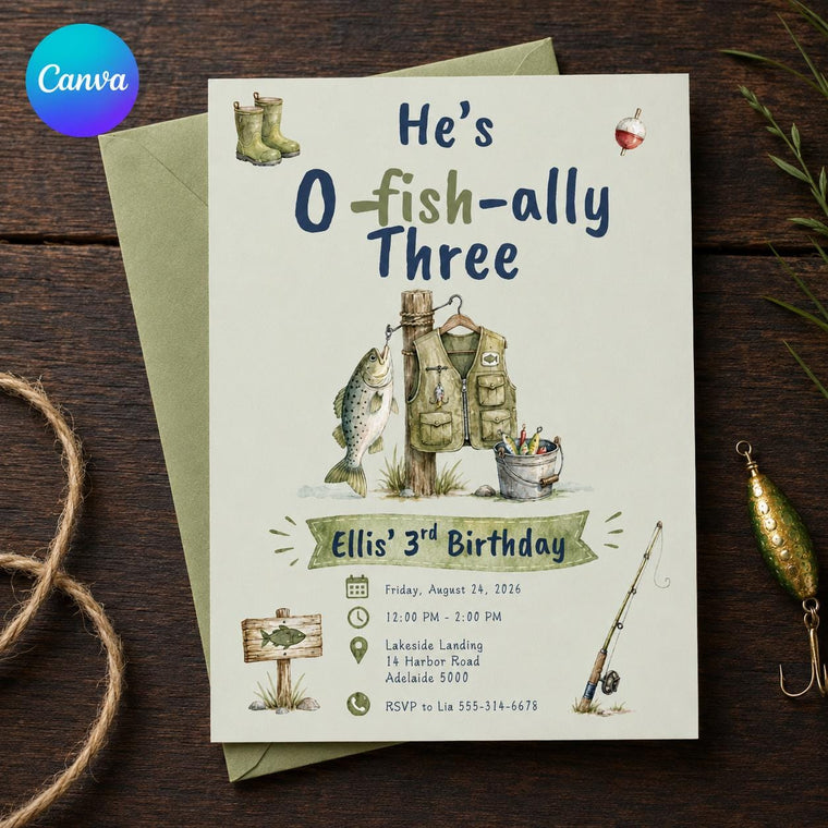 Watercolor O-Fish-Ally Three Fishing Birthday Invitation