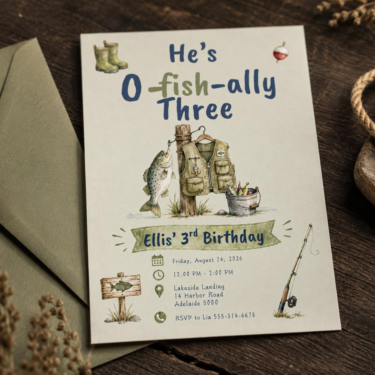 Watercolor O-Fish-Ally Three Fishing Birthday Invitation in blue and cream