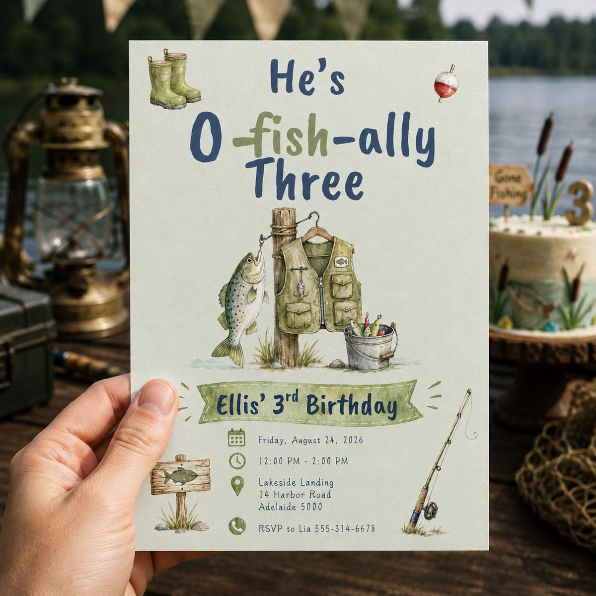Watercolor O-Fish-Ally Three Fishing Birthday Invitation — invitation you personalize in Canva
