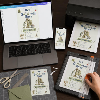Watercolor O-Fish-Ally Three Fishing Birthday Invitation — print-ready 3rd birthday party design from VoltBy