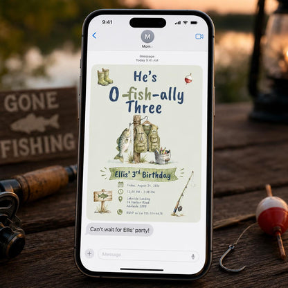 Watercolor O-Fish-Ally Three Fishing Birthday Invitation — digital invitation, instant download