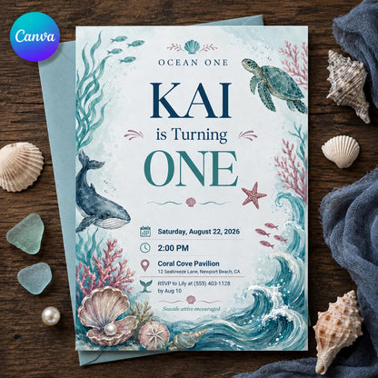 Watercolor Ocean One First Birthday Invitation — editable Canva template
