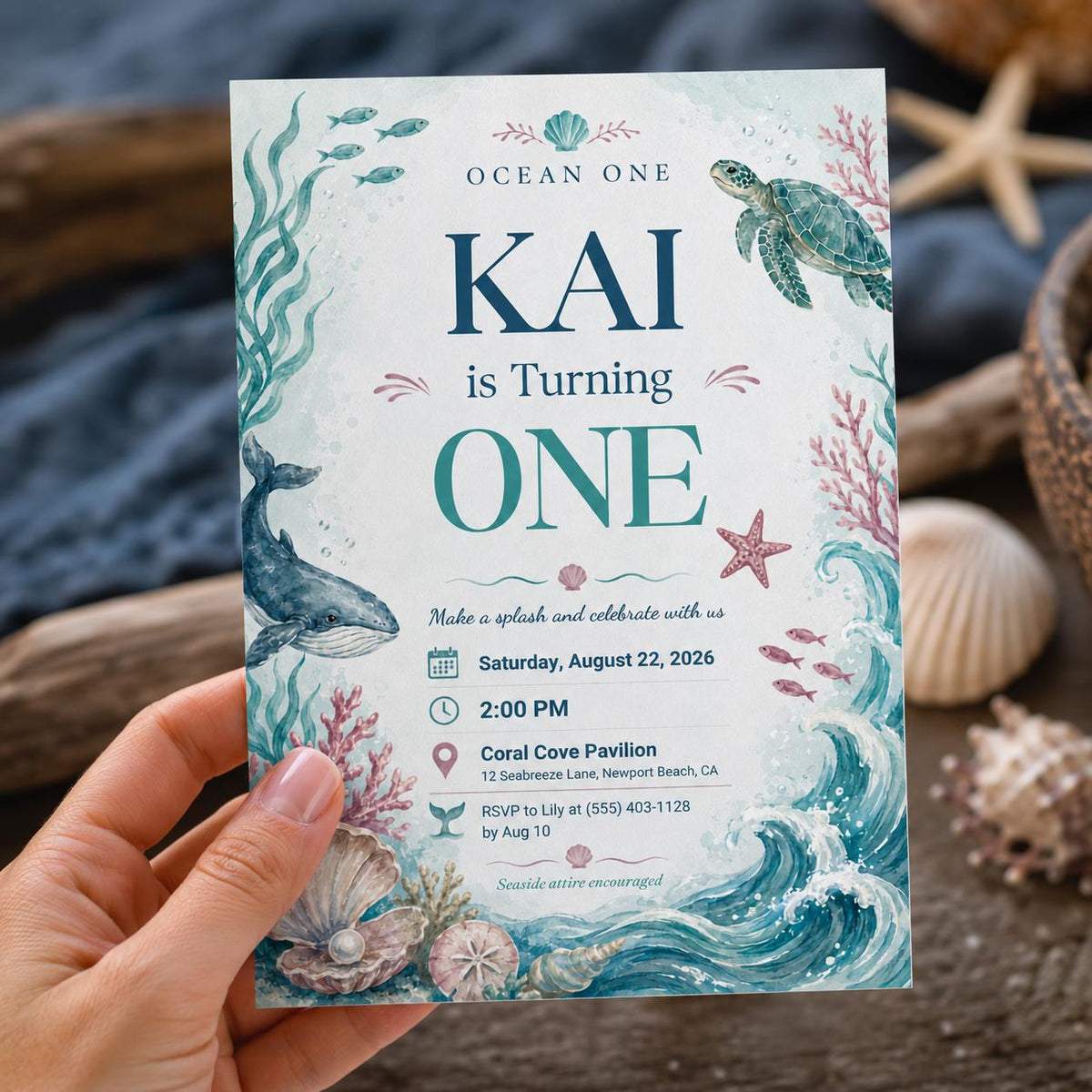 Watercolor Ocean One First Birthday Invitation — invitation you personalize in Canva