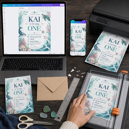 Watercolor Ocean One First Birthday Invitation — print-ready first birthday design from VoltBy