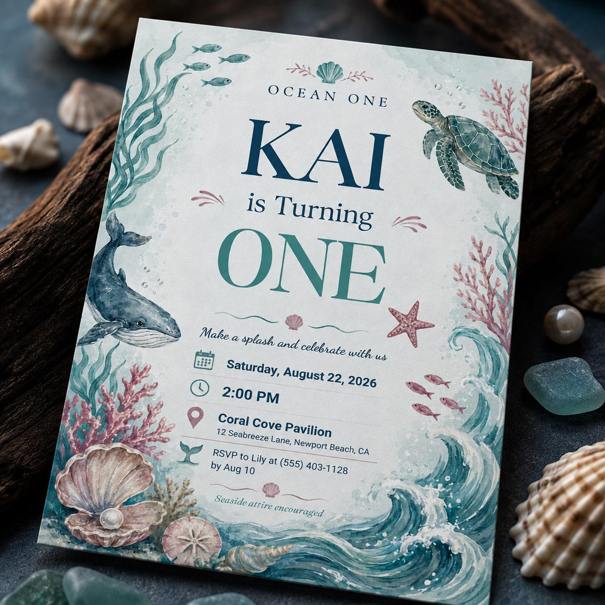 Watercolor Ocean One First Birthday Invitation — digital invitation, instant download