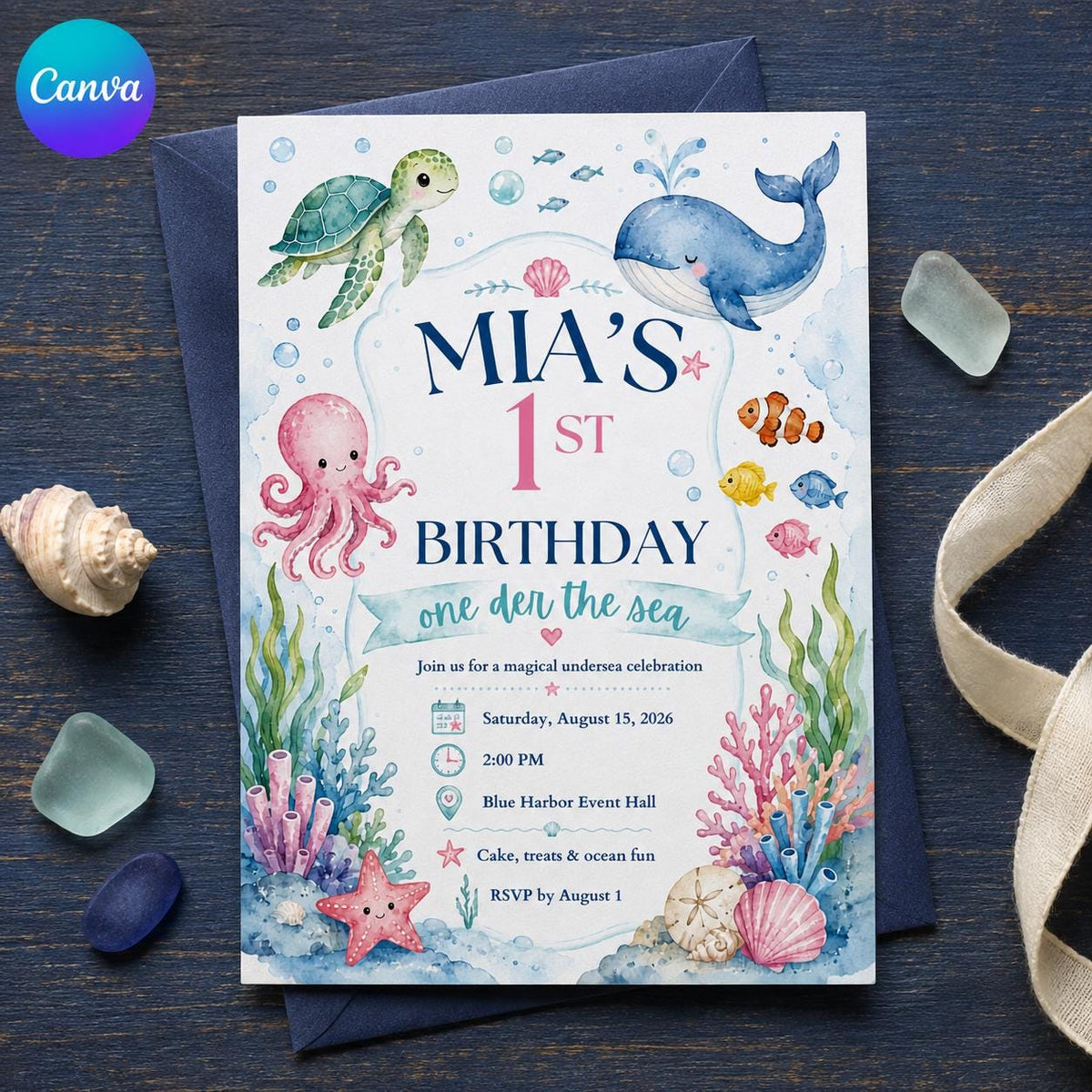 Watercolor One-der the Sea First Birthday Invitation for Girls — editable Canva template