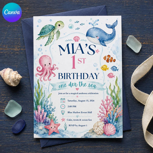 Watercolor One-der the Sea First Birthday Invitation for Girls — editable Canva template
