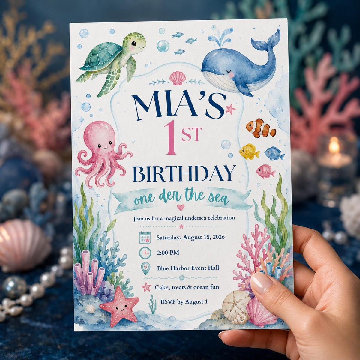 Watercolor One-der the Sea First Birthday Invitation for Girls — ocean design
