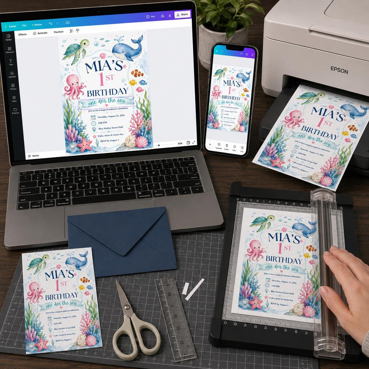 Watercolor One-der the Sea First Birthday Invitation for Girls — invitation you personalize in Canva