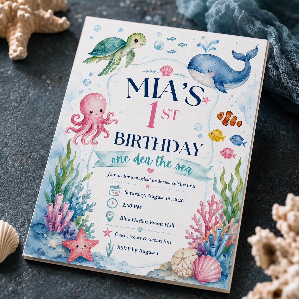 Watercolor One-der the Sea First Birthday Invitation for Girls — print-ready first birthday design from VoltBy