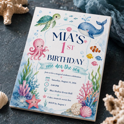 Watercolor One-der the Sea First Birthday Invitation for Girls — print-ready first birthday design from VoltBy