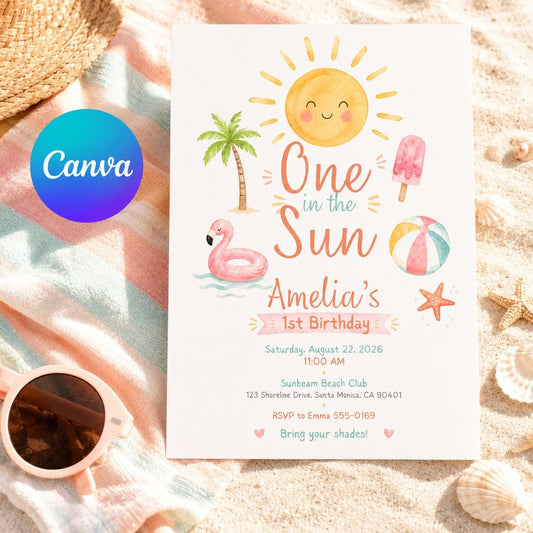Watercolor One in the Sun 1st Birthday Invitation for Girls — editable Canva template