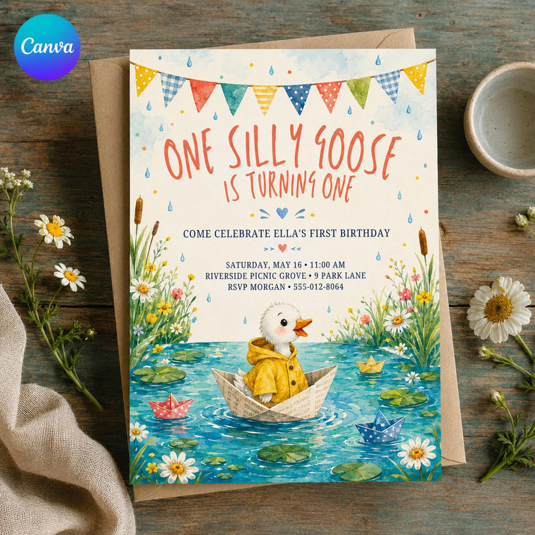 Watercolor One Silly Goose 1st Birthday Invitation for Girls