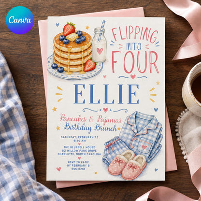Watercolor Pancakes & Pajamas 4th Birthday Invitation for Girls — editable Canva template