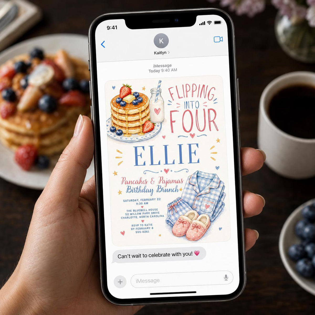 Watercolor Pancakes & Pajamas 4th Birthday Invitation for Girls — sleepover design