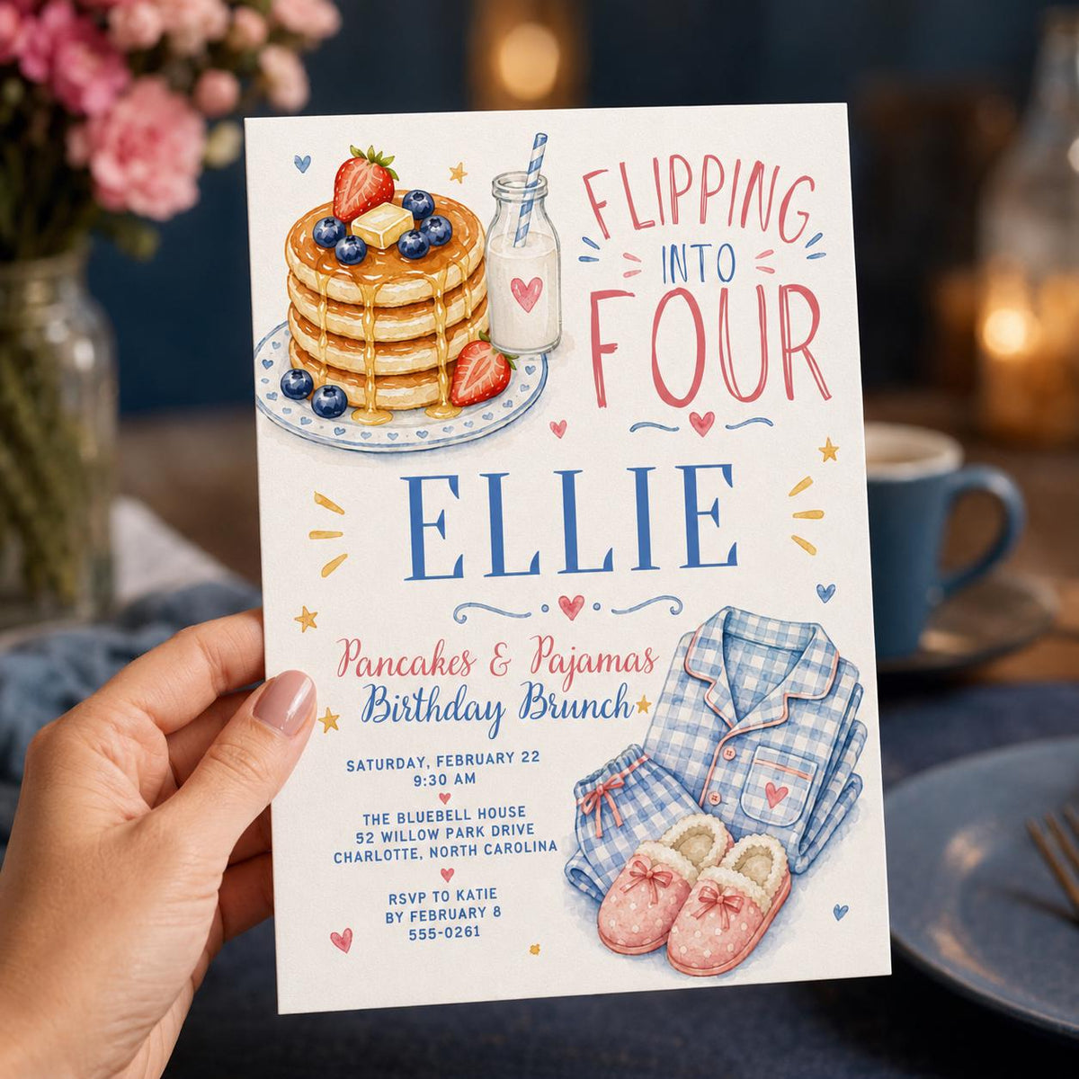 Watercolor Pancakes & Pajamas 4th Birthday Invitation for Girls — invitation you personalize in Canva
