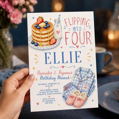 Watercolor Pancakes & Pajamas 4th Birthday Invitation for Girls — invitation you personalize in Canva