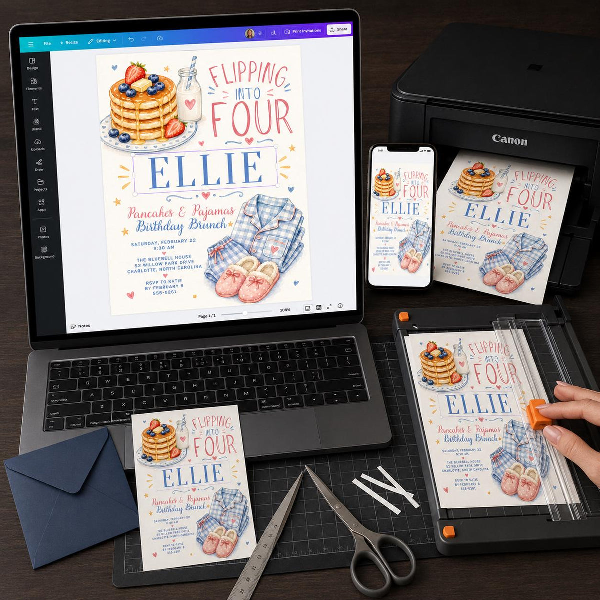 Watercolor Pancakes & Pajamas 4th Birthday Invitation for Girls — print-ready 4th birthday party design from VoltBy
