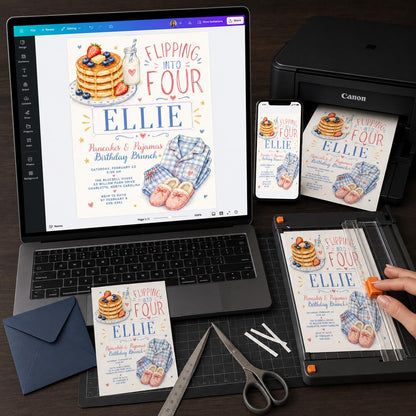 Watercolor Pancakes & Pajamas 4th Birthday Invitation for Girls — print-ready 4th birthday party design from VoltBy