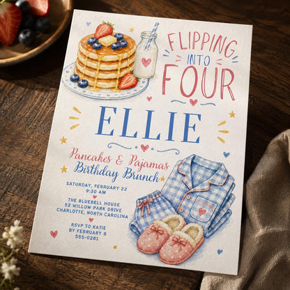 Watercolor Pancakes & Pajamas 4th Birthday Invitation for Girls — digital invitation, instant download