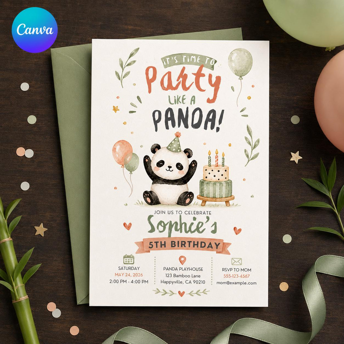 Watercolor Panda 5th Birthday Invitation — editable Canva template