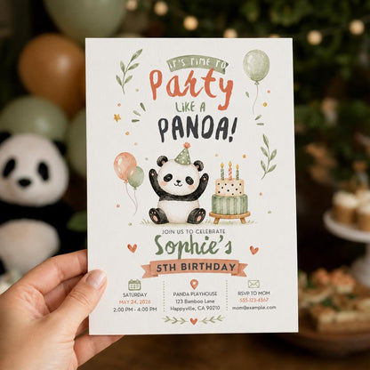 Watercolor Panda 5th Birthday Invitation — print-ready 5th birthday party design from VoltBy