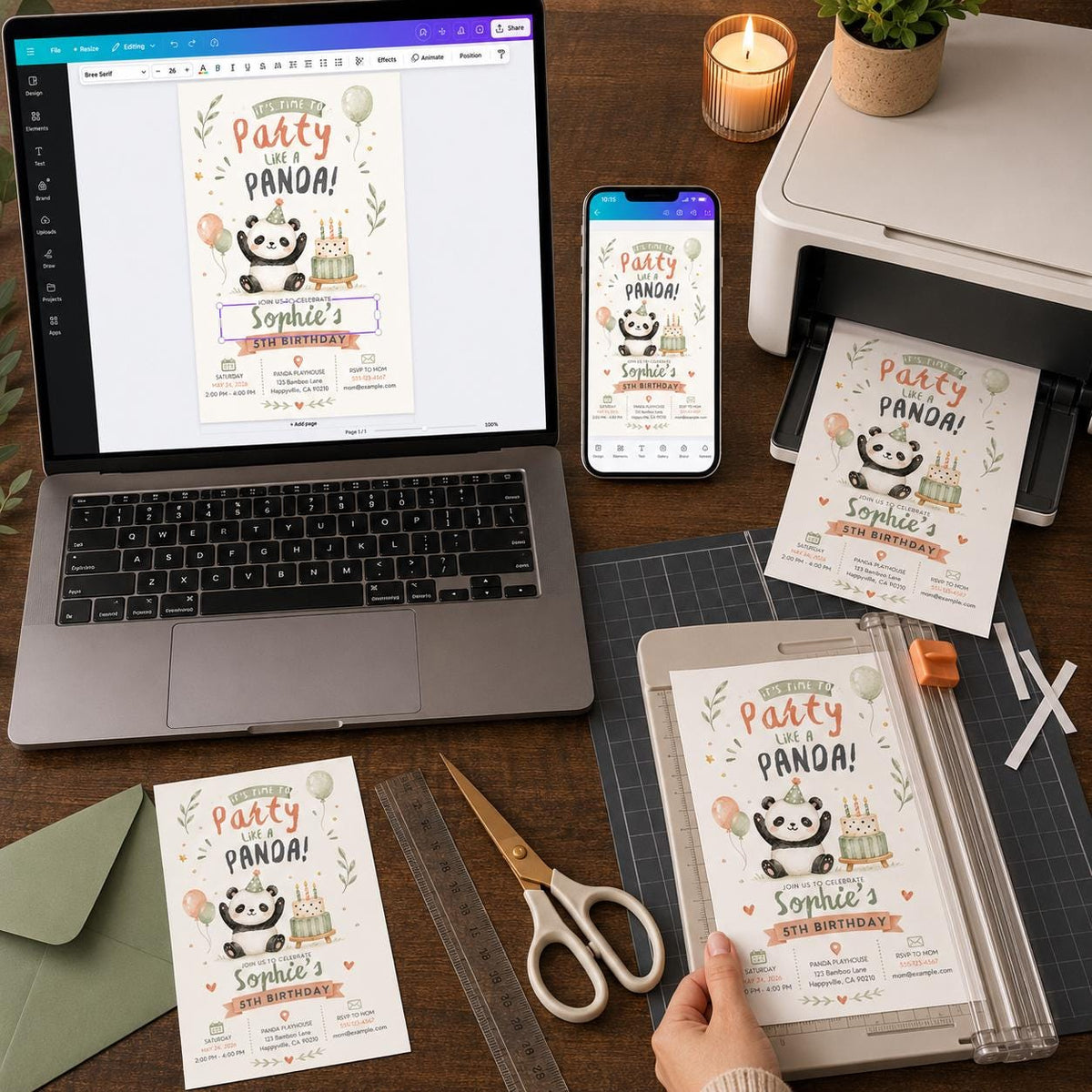 Watercolor Panda 5th Birthday Invitation — digital invitation, instant download
