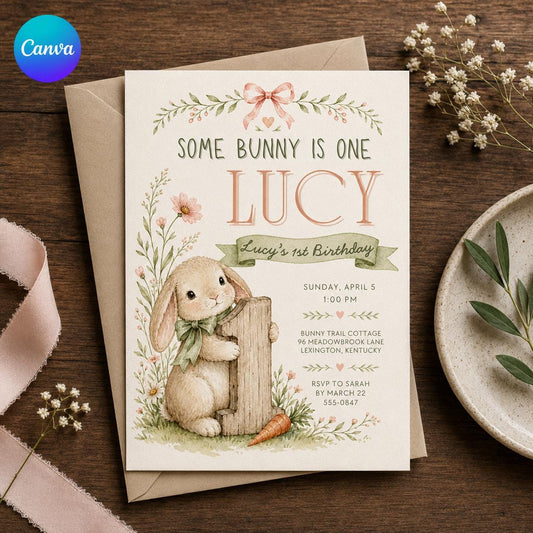 Watercolor Pastel Bunny First Birthday Invitation for Girls — editable Canva template