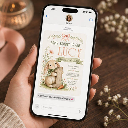 Watercolor Pastel Bunny First Birthday Invitation for Girls — invitation you personalize in Canva