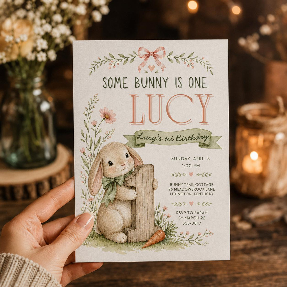 Watercolor Pastel Bunny First Birthday Invitation for Girls — floral first birthday design