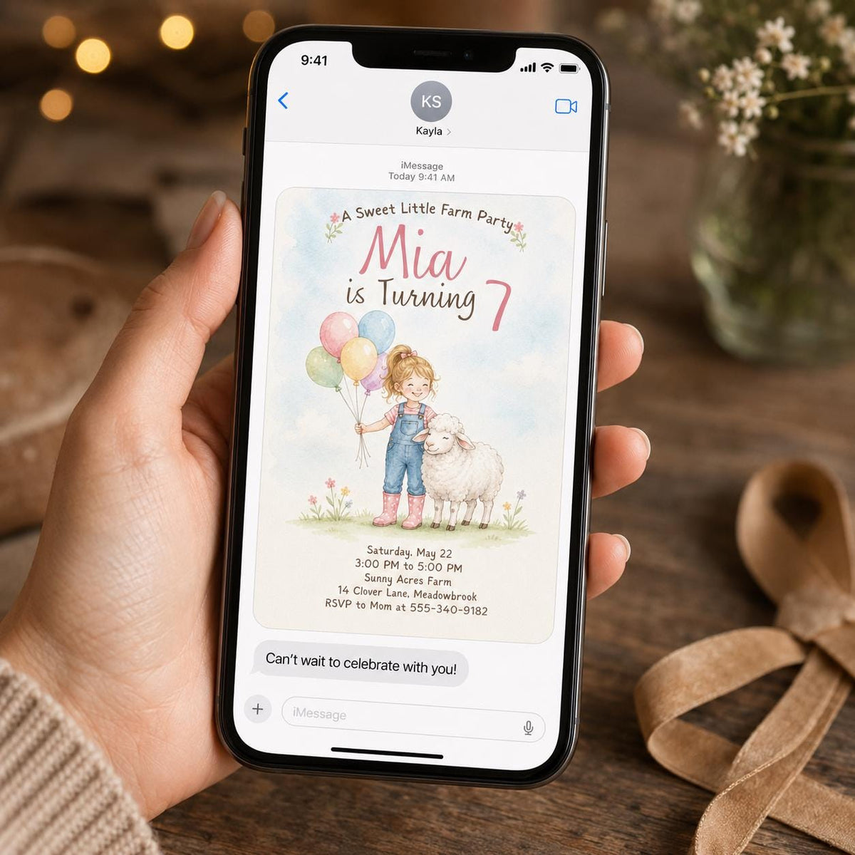 Watercolor Pastel Farm Girl 7th Birthday Invitation — invitation you personalize in Canva