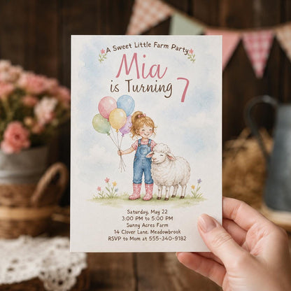 Watercolor Pastel Farm Girl 7th Birthday Invitation — print-ready 7th birthday party design from VoltBy