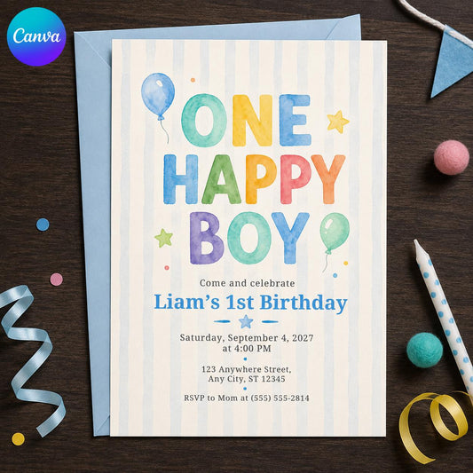 Watercolor Pastel First Birthday Invitation for Boys — editable Canva template