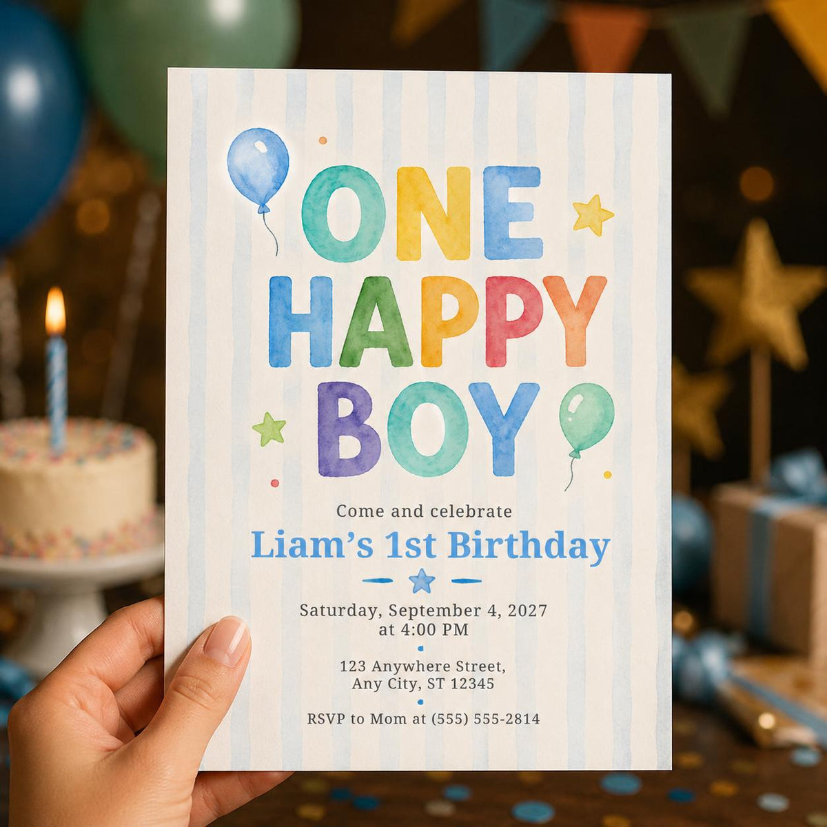 Watercolor Pastel First Birthday Invitation for Boys — print-ready first birthday design from VoltBy