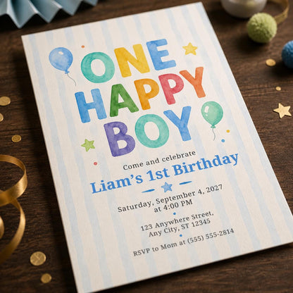 Watercolor Pastel First Birthday Invitation for Boys — first birthday stationery by VoltBy
