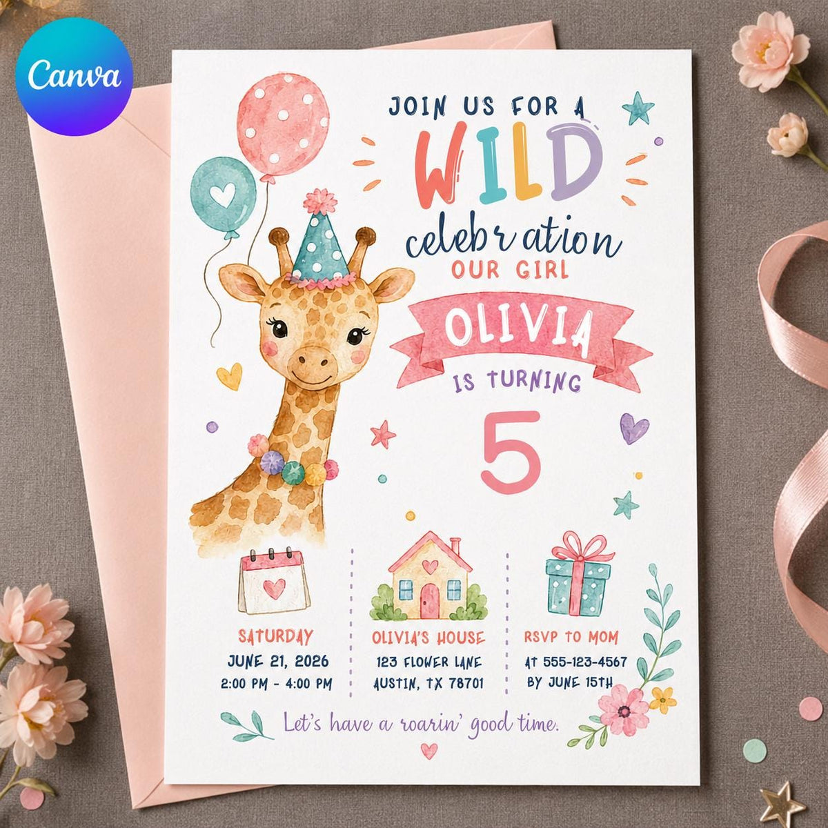 Watercolor Pastel Giraffe Birthday Invitation for Girls — editable Canva template