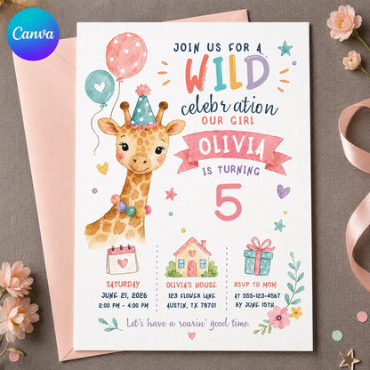 Watercolor Pastel Giraffe Birthday Invitation for Girls — editable Canva template