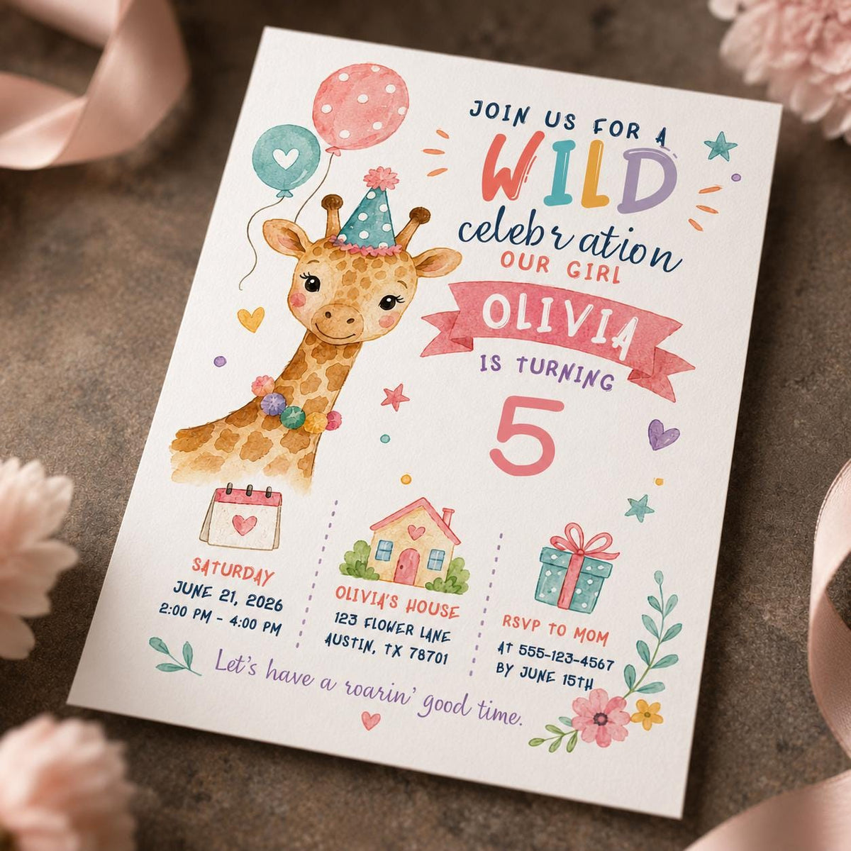 Watercolor Pastel Giraffe Birthday Invitation for Girls — digital invitation, instant download