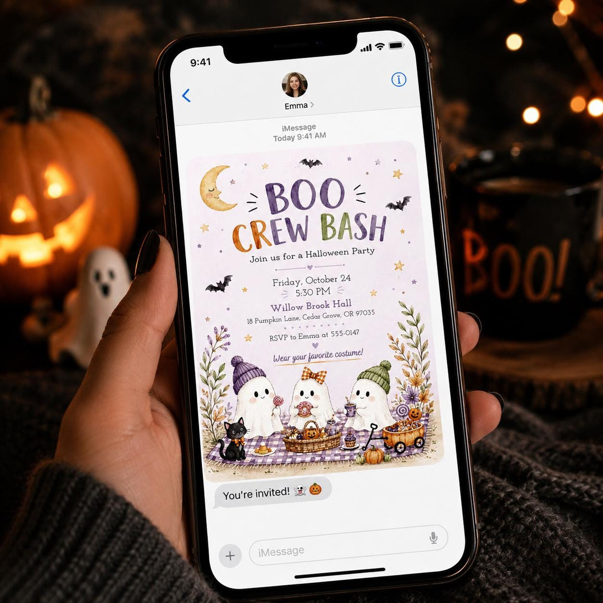 Watercolor Pastel Halloween Invitation — ghost design