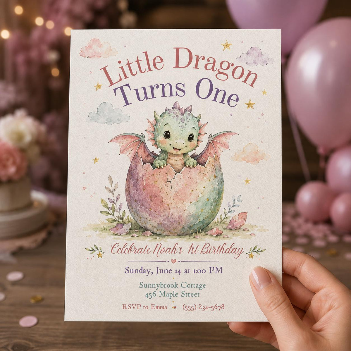 Watercolor Pastel Little Dragon First Birthday Invitation — print-ready first birthday design from VoltBy