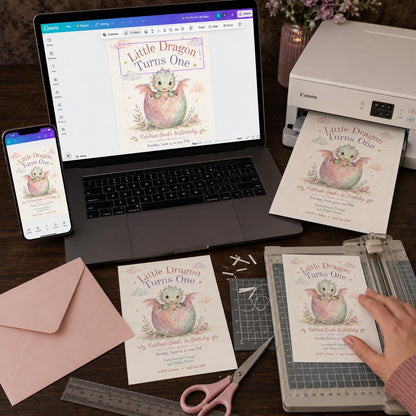 Watercolor Pastel Little Dragon First Birthday Invitation — digital invitation, instant download