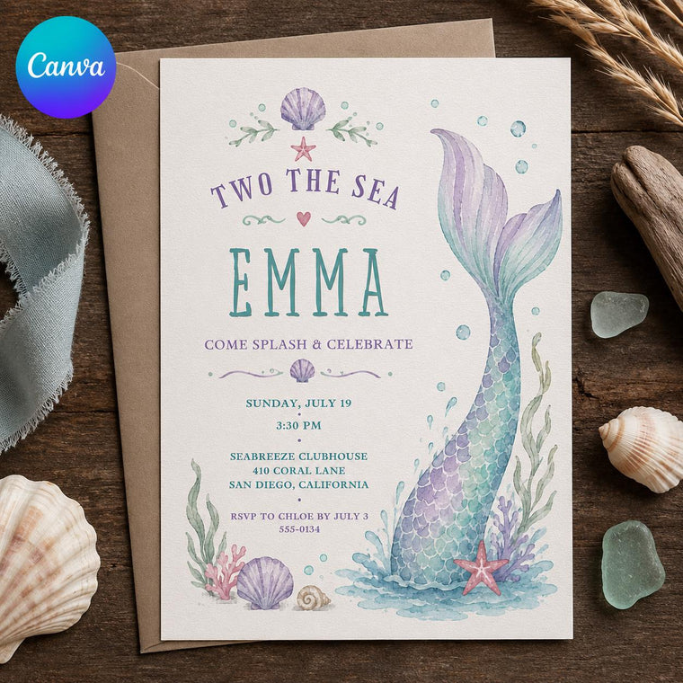 Watercolor Pastel Mermaid 2nd Birthday Invitation for Girls