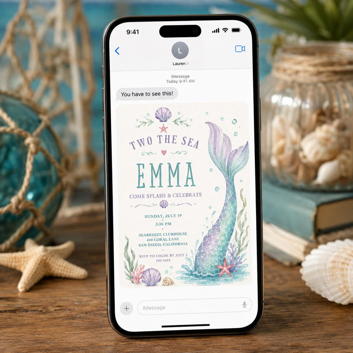 Watercolor Pastel Mermaid 2nd Birthday Invitation for Girls — ocean design