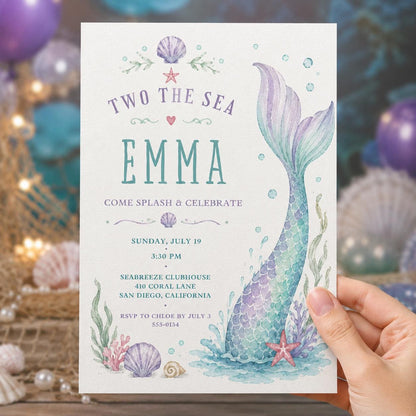 Watercolor Pastel Mermaid 2nd Birthday Invitation for Girls — invitation you personalize in Canva