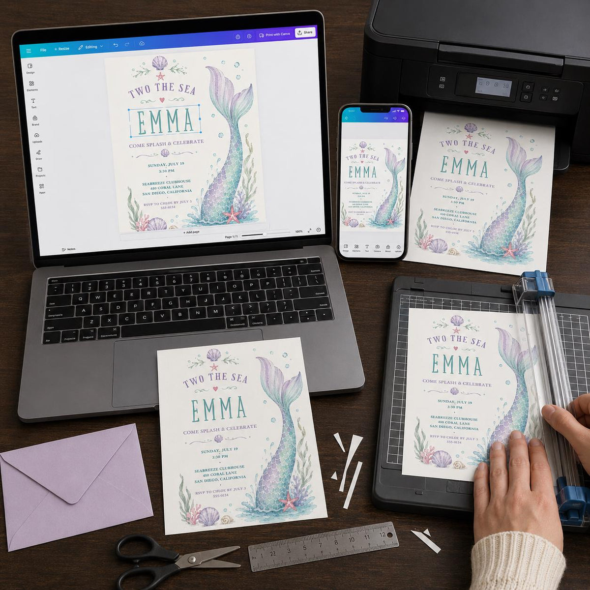 Watercolor Pastel Mermaid 2nd Birthday Invitation for Girls — print-ready 2nd birthday party design from VoltBy