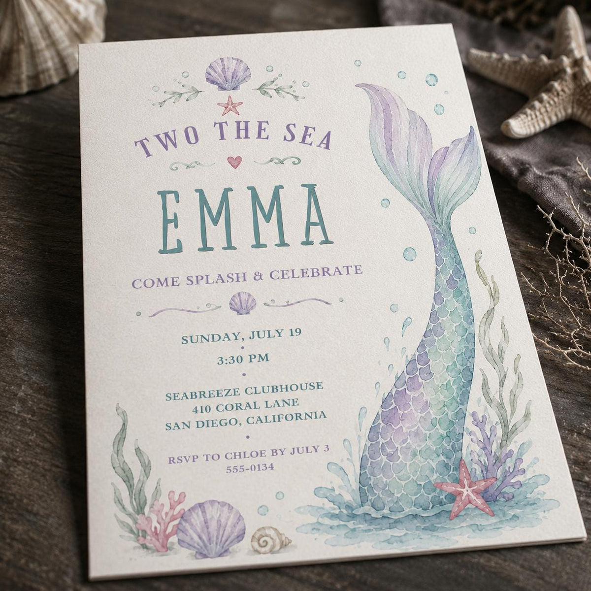 Watercolor Pastel Mermaid 2nd Birthday Invitation for Girls — digital invitation, instant download